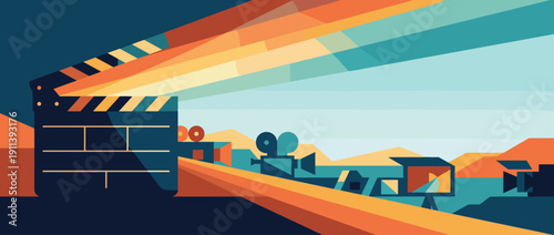Panoramic Vector Banner Illustration of Video Production Scene Featuring a Large Clapperboard Silhouette, Movie Cameras, and Cinematic Light Rays in a Geometric Abstract Retro Flat Design Style.