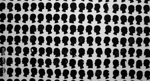 Numerous black head silhouettes arranged in a grid pattern.