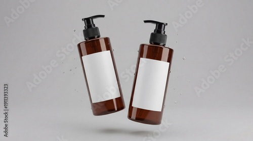 Two brown plastic cosmetic containers with labels, shampoo bottles are floating against a gray background in a front view 3D render mockup, ready for commercial branding design template.
