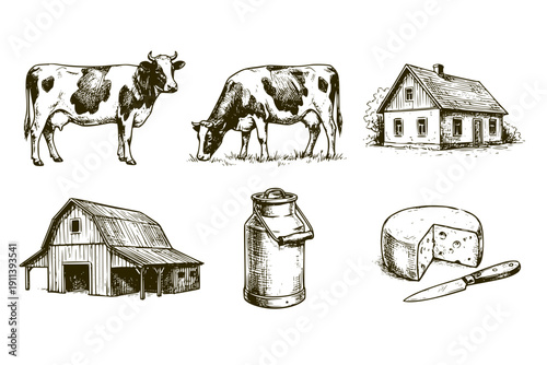 Cow on Rustic Meadow Hand Drawn Set of 6 Black and White Farm Landscape Illustrations