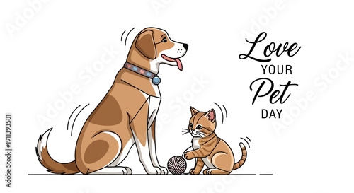 A playful dog and cat with a ball on Love Your Pet Day, conveying affection and companionship in a quirky illustration.