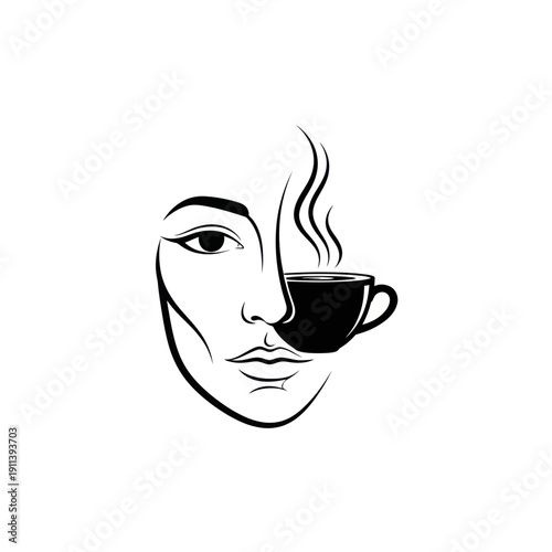 Abstract Woman Face with Coffee Cup Silhouette - Minimalist Design