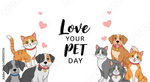 Illustration of dogs and cats celebrating Love Your Pet Day with hearts on a white background, conveying affection and companionship.