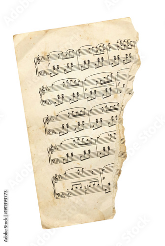 A single piece of aged, torn sheet music with visible musical notes and staves, exhibiting a distressed, vintage texture and isolated on a white background.