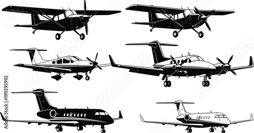 Aircraft silhouette illustration set featuring small propeller planes and business jets isolated on white background for aviation design and transport concepts