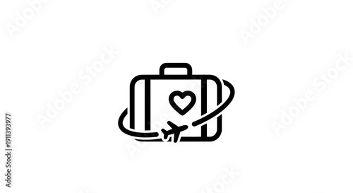 Romantic travel and destination icon logo design element featuring suitcase, heart and airplane