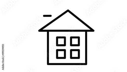 Basic black and white house icon with four windows and a sloping roof represents a home, residence, or a family living space in a city.