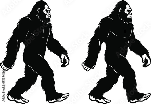 Bigfoot silhouette illustration, walking sasquatch creature, mythical forest monster, black and white cryptid figure, legendary wildlife vector design