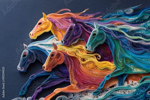 Colorful paper quilling running horses artwork for decorative wall art background
