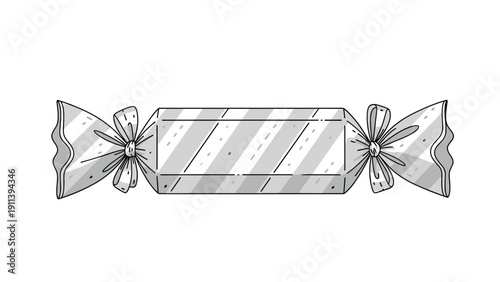 Black and white illustration of a wrapped hard candy with diagonal stripes on the package and twisted ends tied with small bows.