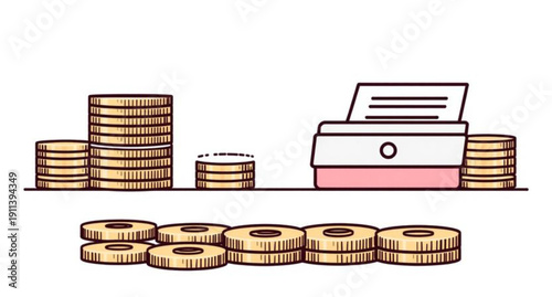 A vector illustration of a gold coin sits atop a stack of books and a laptop, representing the intersection of money, finance, and education in a modern business office