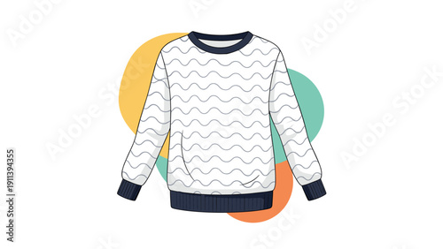 Long-sleeved white sweater with blue wavy patterns and dark blue ribbed cuffs and collar set against abstract orange and teal shapes.