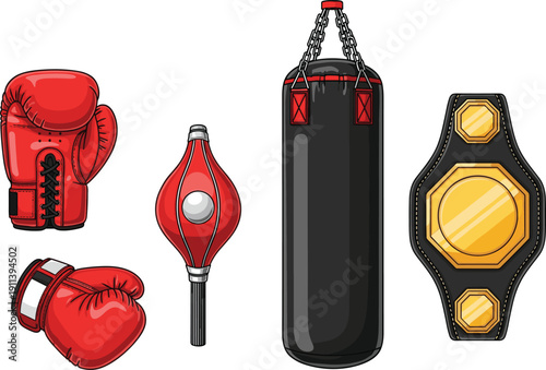 Boxing equipment illustration set, red gloves punching bag speed bag championship belt sports training gear cartoon vector isolated collection design