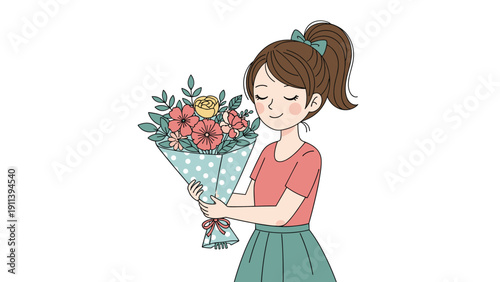 Smiling girl with brown hair in a high ponytail smelling a colorful bouquet of pink and yellow roses wrapped in paper.