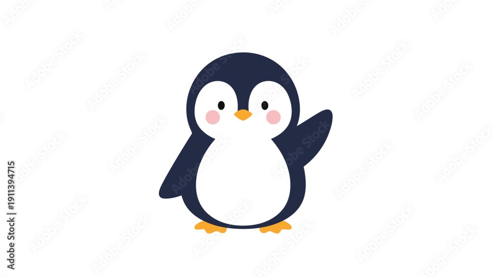 Fototapeta premium Adorable chubby penguin with black and white feathers and pink cheeks waving a flipper on a plain white background.