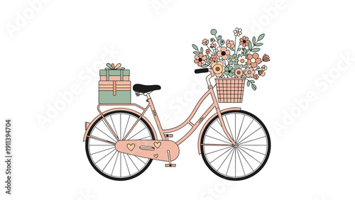 Vintage pink bicycle with a front basket full of colorful flowers and gift boxes on the back rack on a white background.