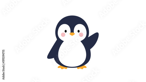 Adorable chubby penguin with black and white feathers and pink cheeks waving a flipper on a plain white background.