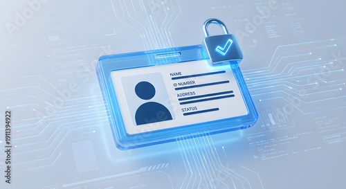 digital id card with glowing blue circuits and security padlock icon with check mark representing biometric authentication personal data protection and secure identity verification