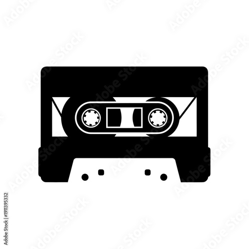 Retro Cassette Tape Icon Black Silhouette Isolated on White Background
