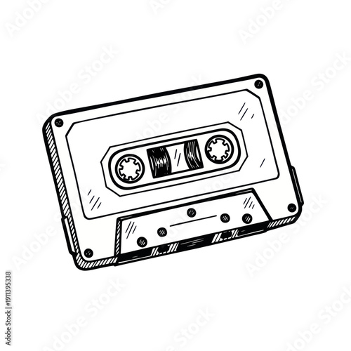 Vintage Cassette Tape Sketch, Retro Audio Music Recording Media