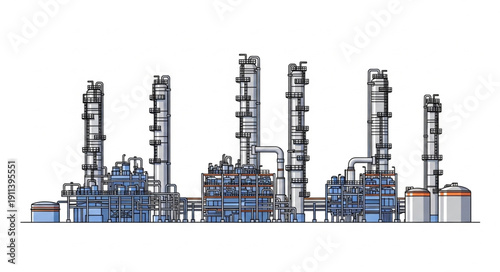 Industrial Oil Refinery Complex with Tall Stacks and Pipelines.