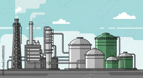 Industrial oil refinery complex with storage tanks and smokestacks.