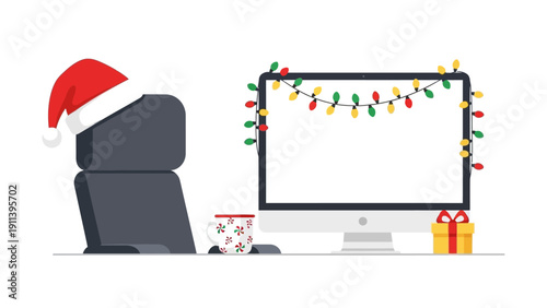 Festive office setup with computer displaying holiday lights and gift