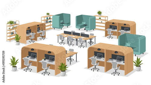 Modern isometric office space with cubicles and lounge areas
