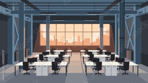 Modern industrial office interior with loft windows and open workspace