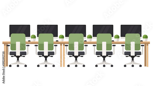 Modern office workspace with green chairs and desks in flat style