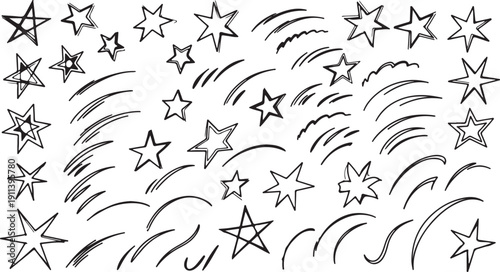 Shooting Stars in Simple Line Art with Black and White Color on White Background for Graphic Design