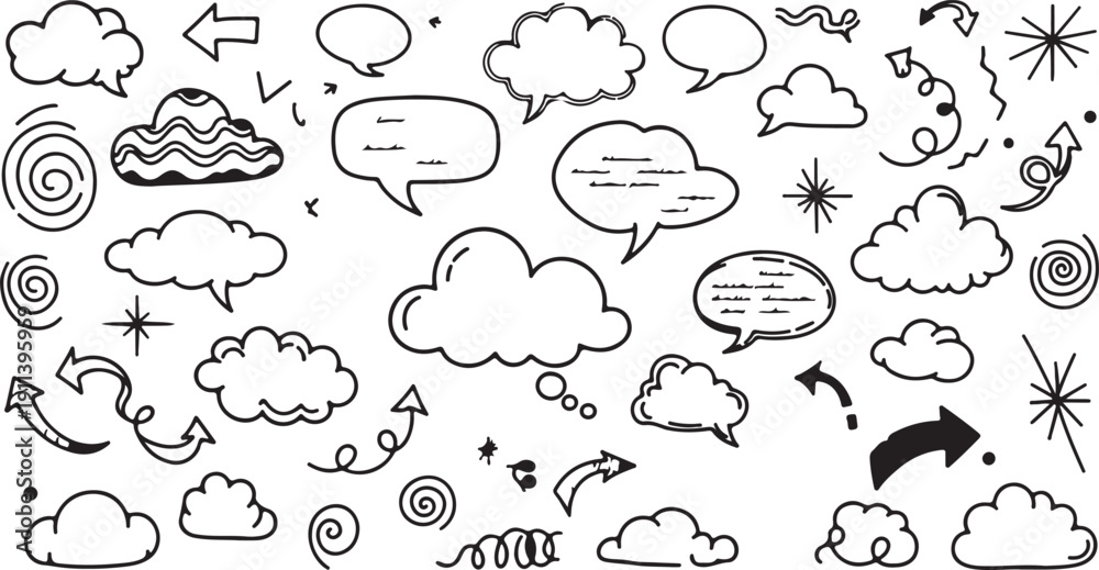 Fototapeta premium Hand drawn speech bubbles and clouds in minimalist style with black lines on white background for comic and cartoon design