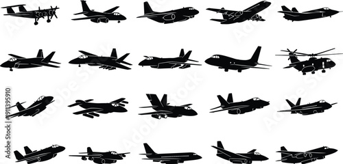 Military aircraft silhouette collection featuring fighter jets transport planes and helicopter icons, black vector aviation set isolated on white background