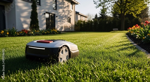 Automated robotic lawn mower working in a lush green suburban garden.