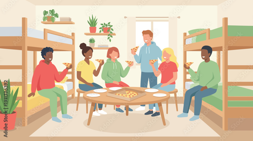 Fototapeta premium Happy diverse friends eating pizza together in a college dorm room.