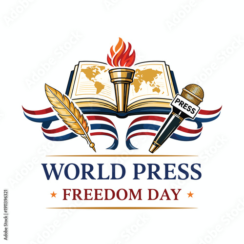 A colorful emblem representing world press freedom featuring a book torch quill microphone and pen
