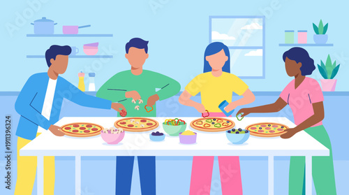 Diverse Friends Making Homemade Pizza Together at a Fun Home Party