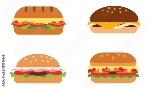 Fast food sandwich and burger vector icon set. Flat design illustration for takeout and lunch menu.
