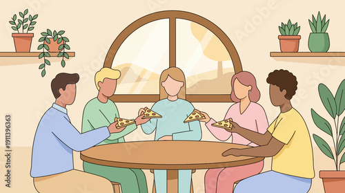 Group of friends eating pizza together at a table. Pizza lover community sharing a meal. Flat vector.