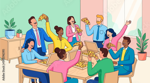 Happy diverse colleagues celebrating with a pizza party at the office