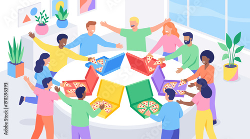 Happy diverse people celebrating at a pizza party. Friends or colleagues sharing food together.