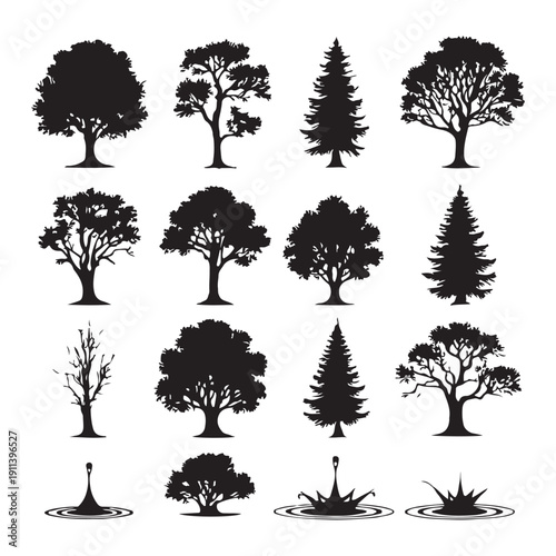 Diverse Tree Silhouettes and Water Splash Icons Set for Nature and Environment Design