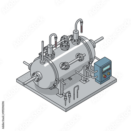 This precise isometric line art illustration showcases a robust pressure vessel, complete with gauges, pipes, and a control system for factory operations.