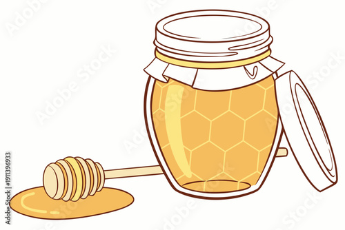 A vector graphic illustration of a honey jar with a honey dipper on a white background