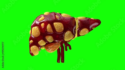 Fatty liver disease and liver cancer concepts illustrate the anatomy of a damaged human liver with abnormal tissue or lumps of fat. for medical education. 3D render on green screen.
