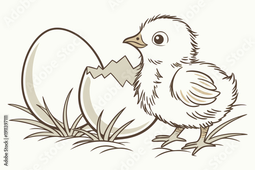 A cute cartoon chick standing next to a cracked eggshell in the grass