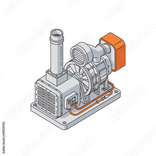 Isometric illustration of a robust industrial machine, highlighting its large fan, exhaust pipe, and intricate systems, symbolizing modern engineering and production.