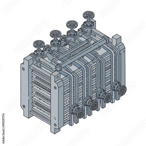 Detailed isometric drawing of a plate heat exchanger, highlighting its plates, pipes, and control valves for efficient thermal transfer.