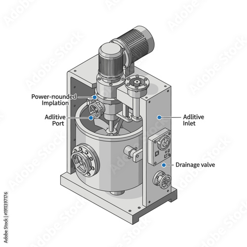 An intricate isometric technical drawing showcases a sophisticated industrial mixing and processing machine with clearly labeled components and functional ports.