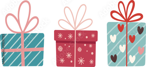 Christmas gift box vector set with ribbons and hearts, festive birthday presents for holiday celebration, surprise